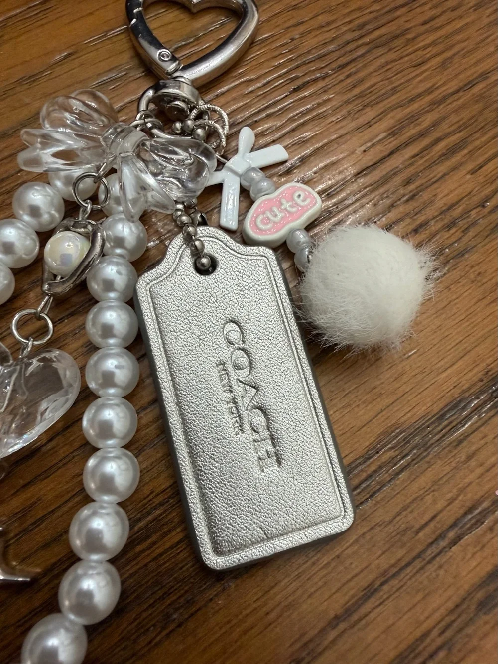 COACH Silver Hang Tag & White Pearl Charm Keychain with Heart, Bows and Pom
